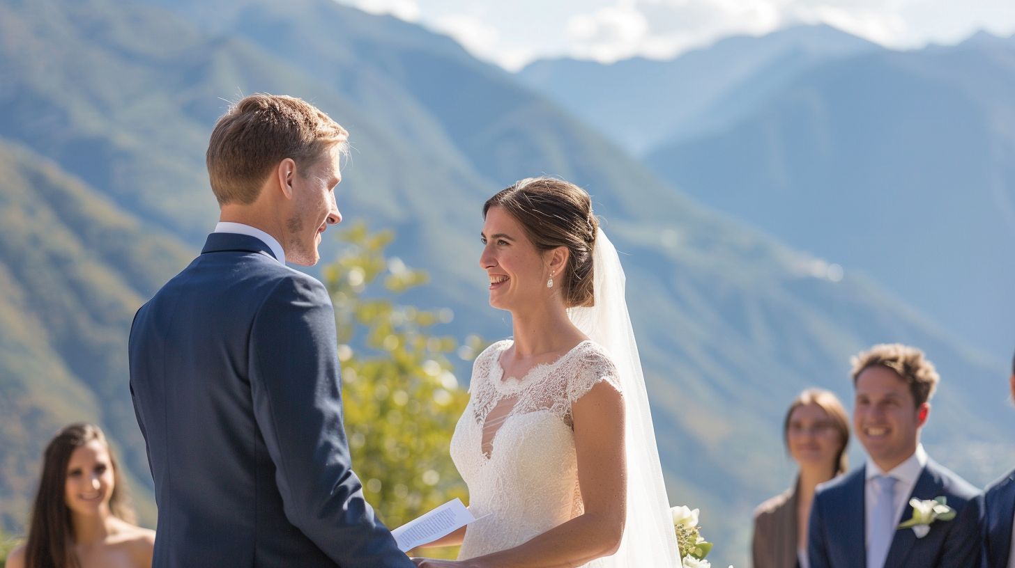A bride and groom exchange vows with stunning mountain views in the background. A bride and groom exchange vows with stunning mountain views in the background.