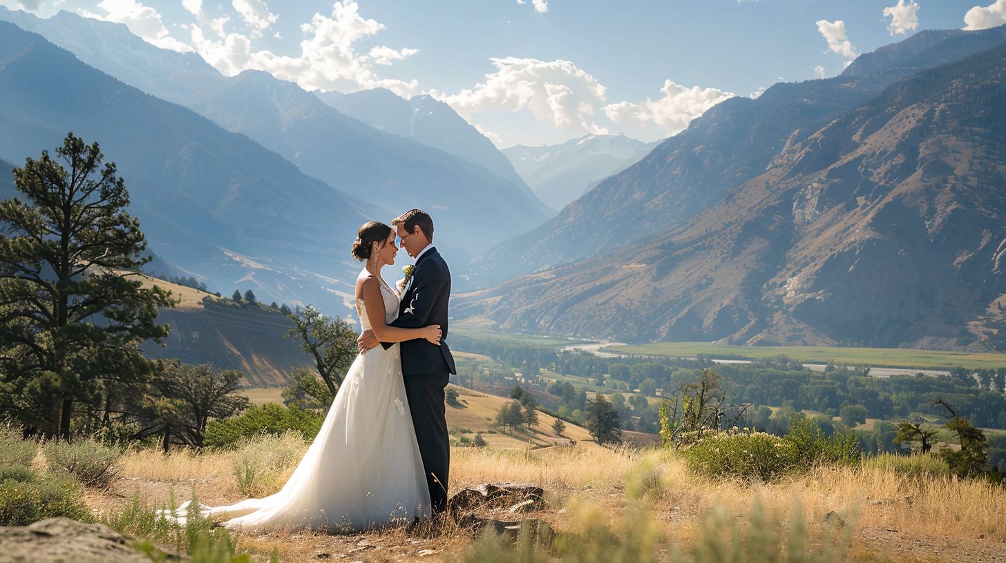 A wedding couple joyfully poses in front of stunning mountain scenery. A wedding couple joyfully poses in front of stunning mountain scenery.