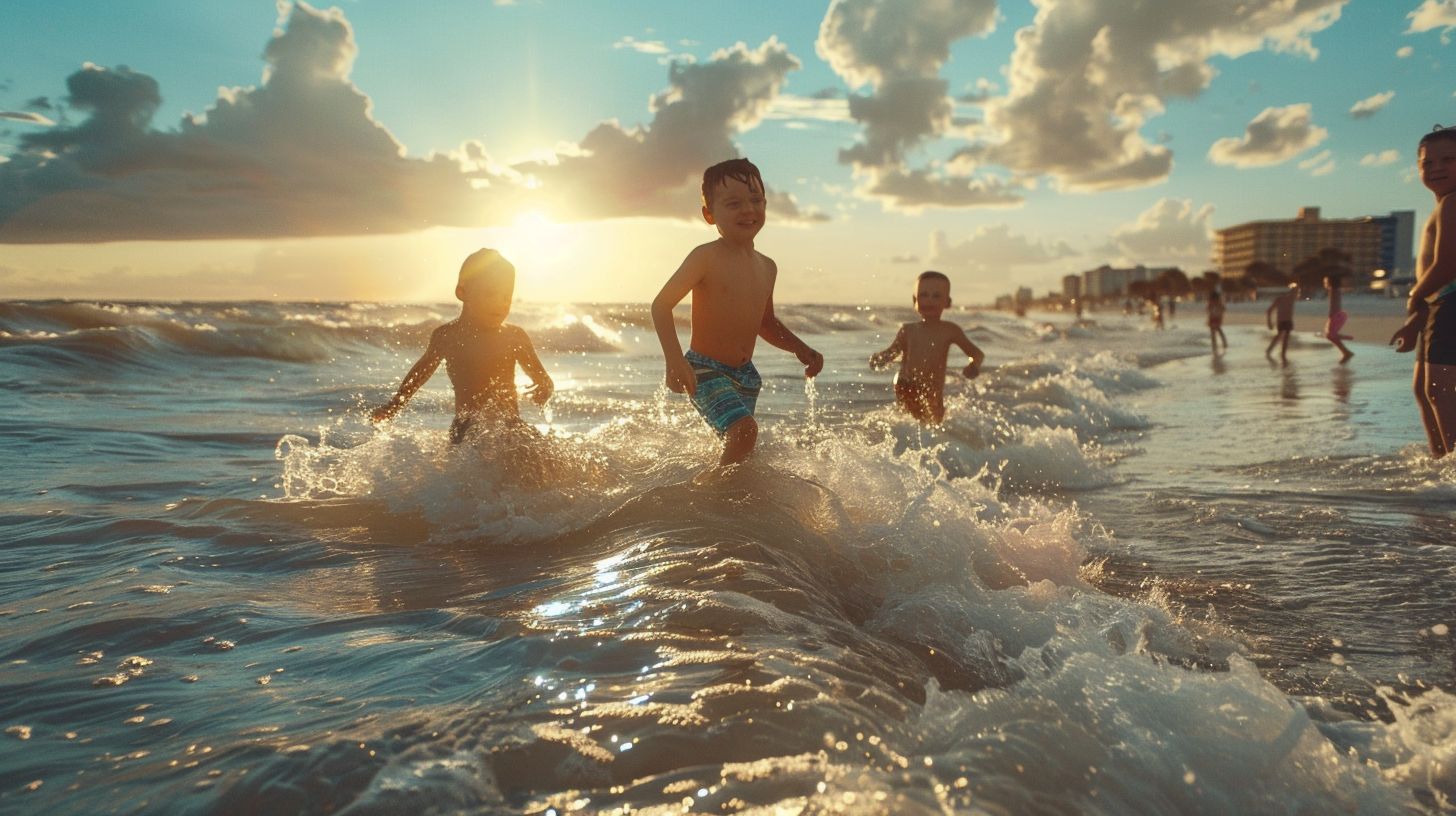 A joyful family enjoys playing in the waves at Clearwater Beach. A joyful family enjoys playing in the waves at Clearwater Beach.
