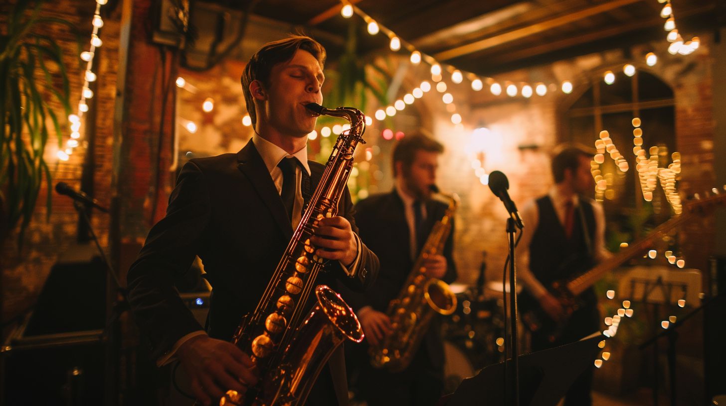 A classic wedding band's musical instruments are captured in soft lighting. A classic wedding band's musical instruments are captured in soft lighting.