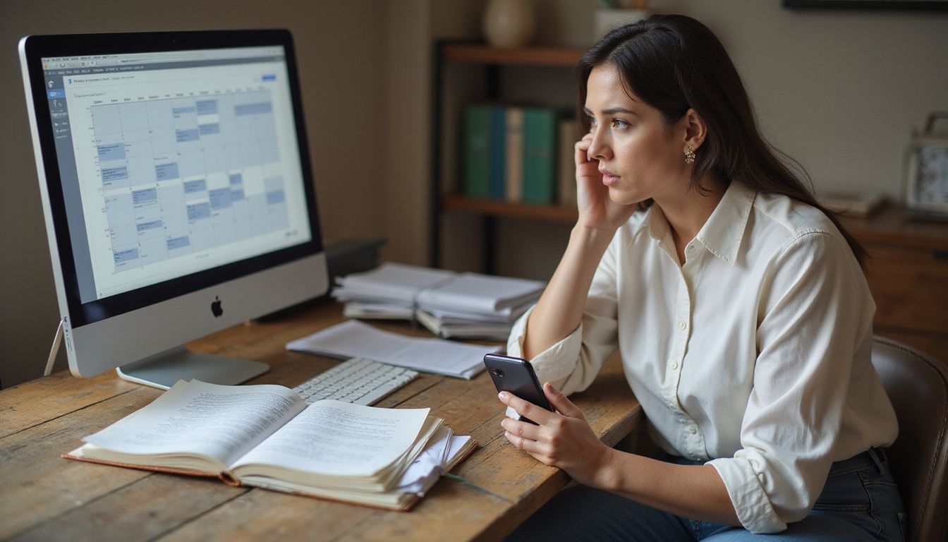 A wedding planner works at a cluttered desk, focused on a phone call amidst scattered documents and a digital calendar.