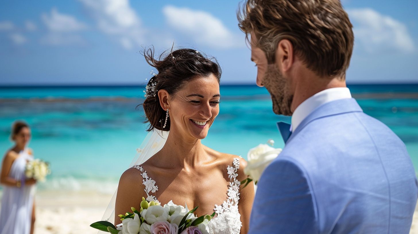 A joyful couple getting married on a beautiful sandy beach. A joyful couple getting married on a beautiful sandy beach.