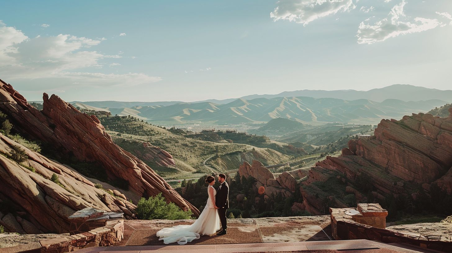 A bride and groom stand on stage at the Red Rocks Amphitheatre, surrounded by scenic mountain landscapes. A bride and groom stand on stage at the Red Rocks Amphitheatre, surrounded by scenic mountain landscapes.