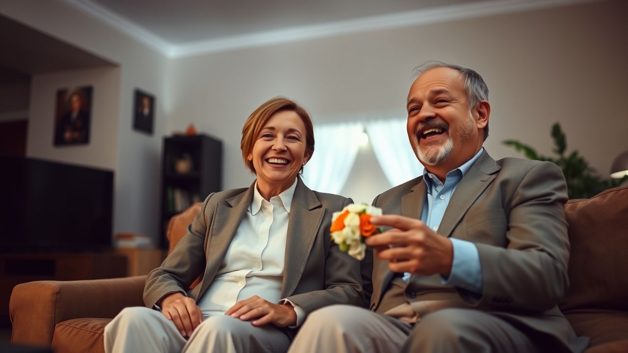 A middle-aged couple in casual wedding attire watches their wedding video, sharing joyful and intimate moments. A middle-aged couple in casual wedding attire watches their wedding video, sharing joyful and intimate moments.