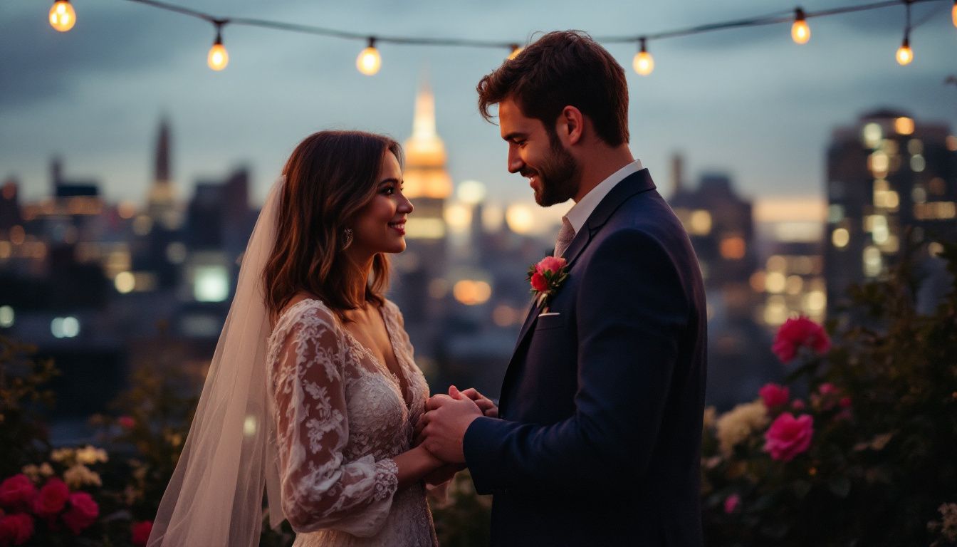 An intimate rooftop wedding ceremony in New York City with a cozy and romantic atmosphere. An intimate rooftop wedding ceremony in New York City with a cozy and romantic atmosphere.