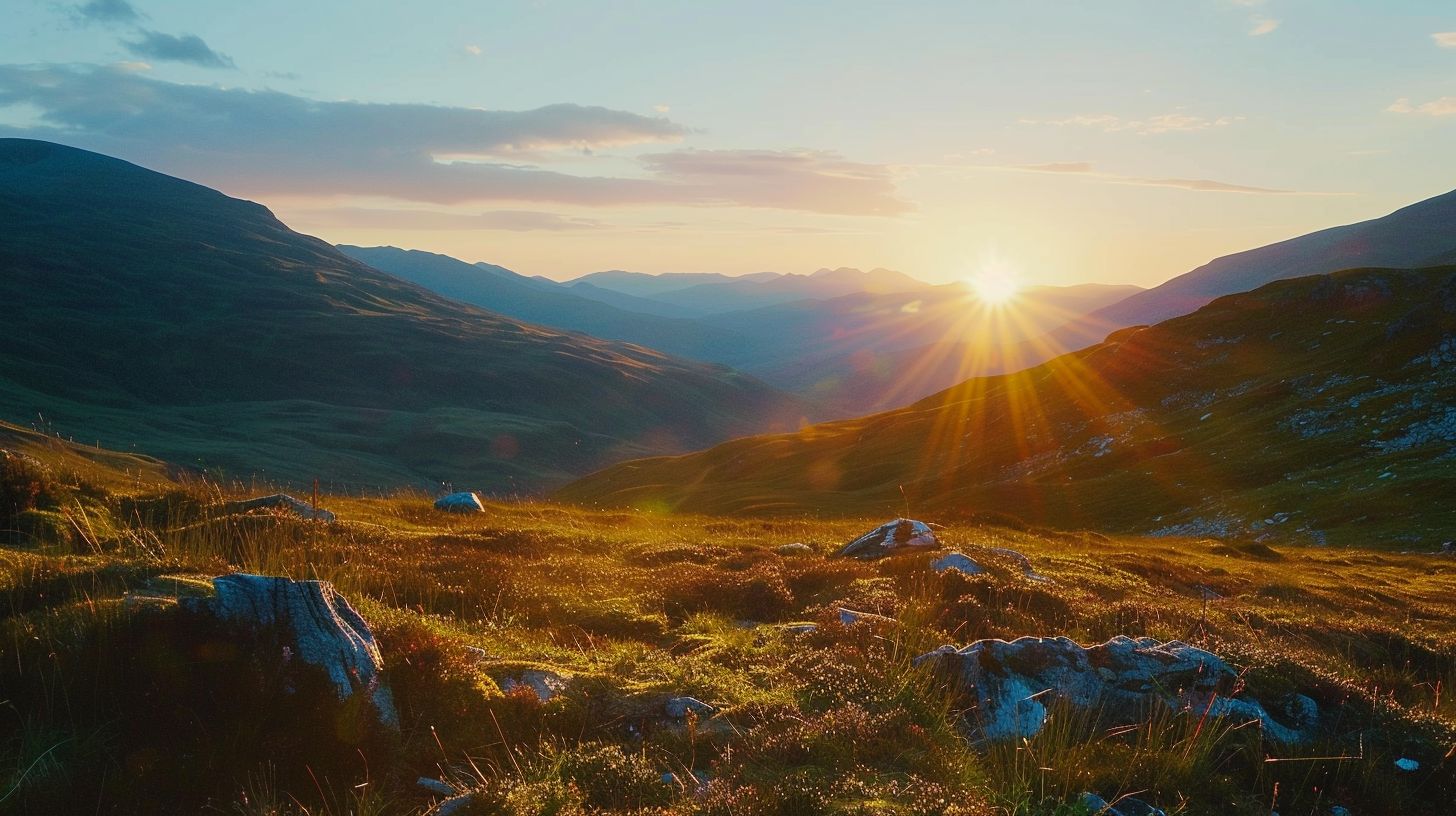 A wide-angle lens captures a stunning mountain landscape at sunrise. A wide-angle lens captures a stunning mountain landscape at sunrise.