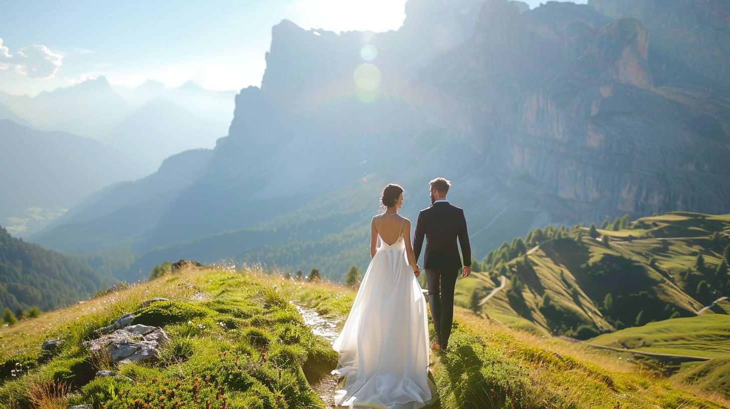 A wedding couple joyfully poses in front of stunning mountain scenery. A wedding couple joyfully poses in front of stunning mountain scenery.