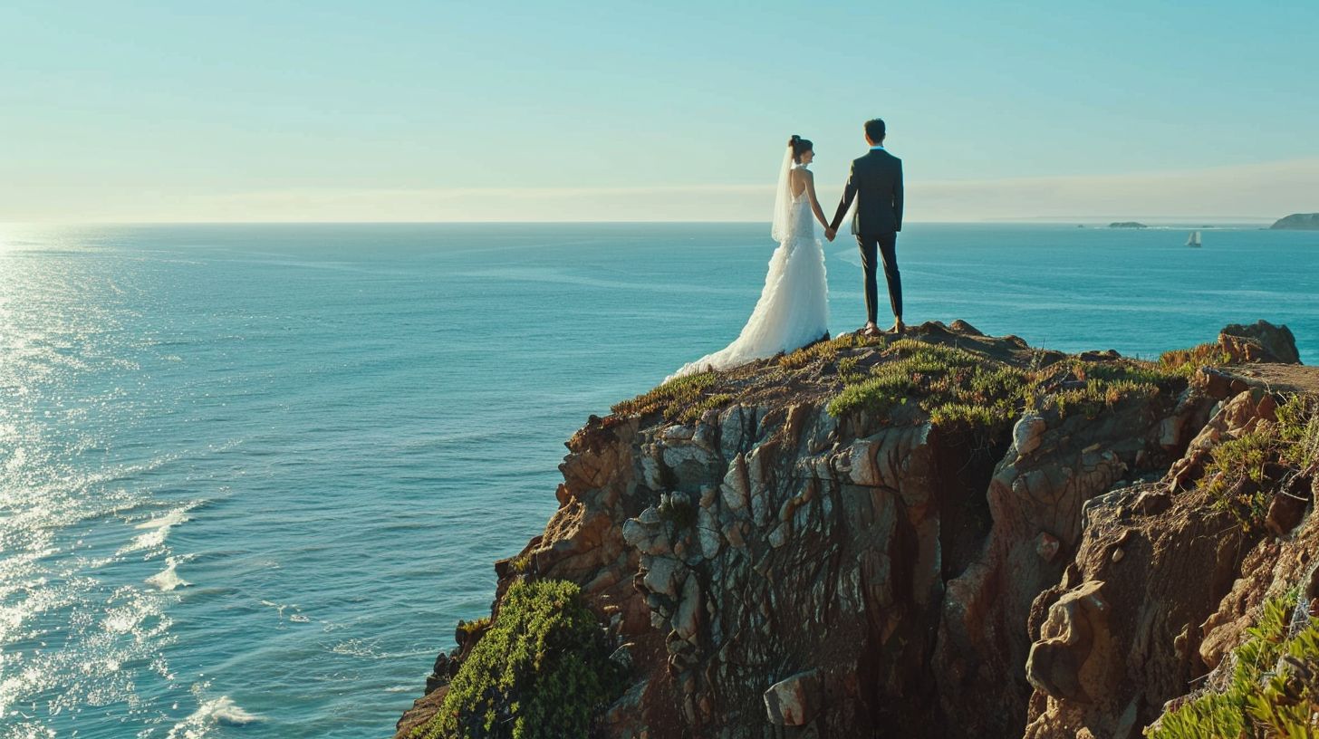 A bride and groom hold hands on a stunning ocean cliff for a wedding photo. A bride and groom hold hands on a stunning ocean cliff for a wedding photo.
