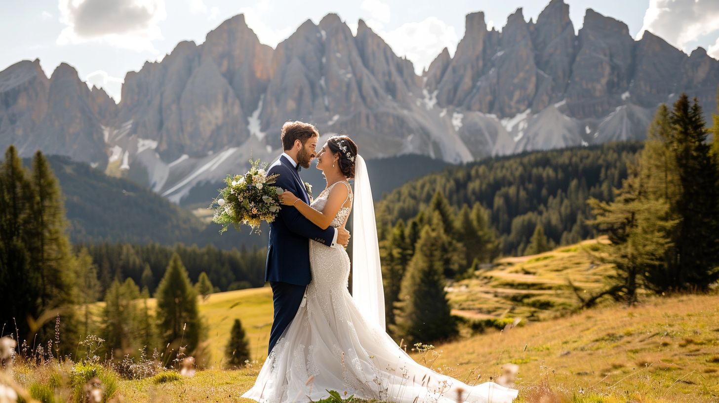 A newlywed couple embracing with a mountain backdrop captured using a wide-angle lens for expansive scenery. A newlywed couple embracing with a mountain backdrop captured using a wide-angle lens for expansive scenery.