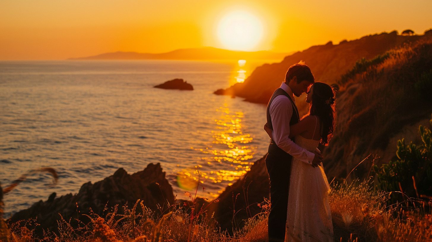 A couple embracing at a seaside destination wedding. A couple embracing at a seaside destination wedding.