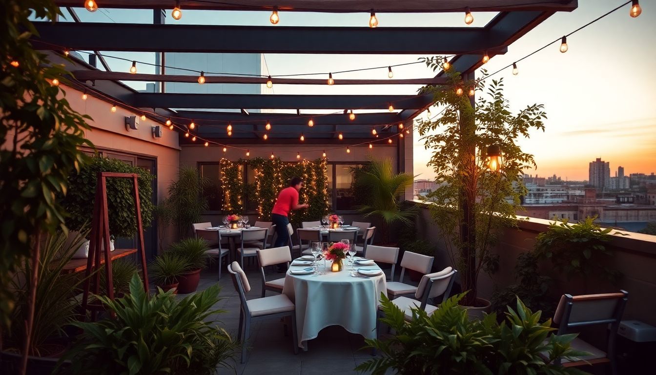 A small wedding venue on a cozy rooftop garden with vibrant greenery and warm string lights. A small wedding venue on a cozy rooftop garden with vibrant greenery and warm string lights.