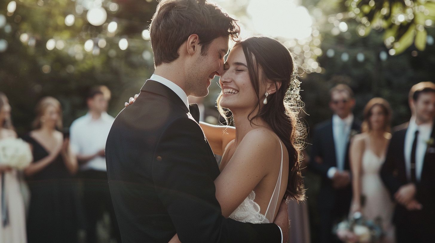 A newlywed couple embraces on an outdoor dance floor surrounded by wedding guests. A newlywed couple embraces on an outdoor dance floor surrounded by wedding guests.