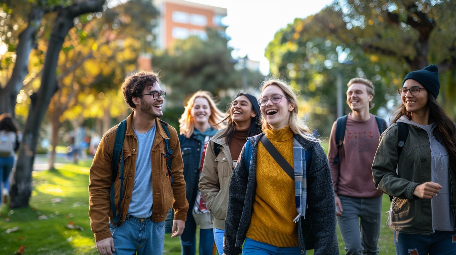 A group of friends dressed casually, laughing and walking together in a vibrant city park. A group of friends dressed casually, laughing and walking together in a vibrant city park.