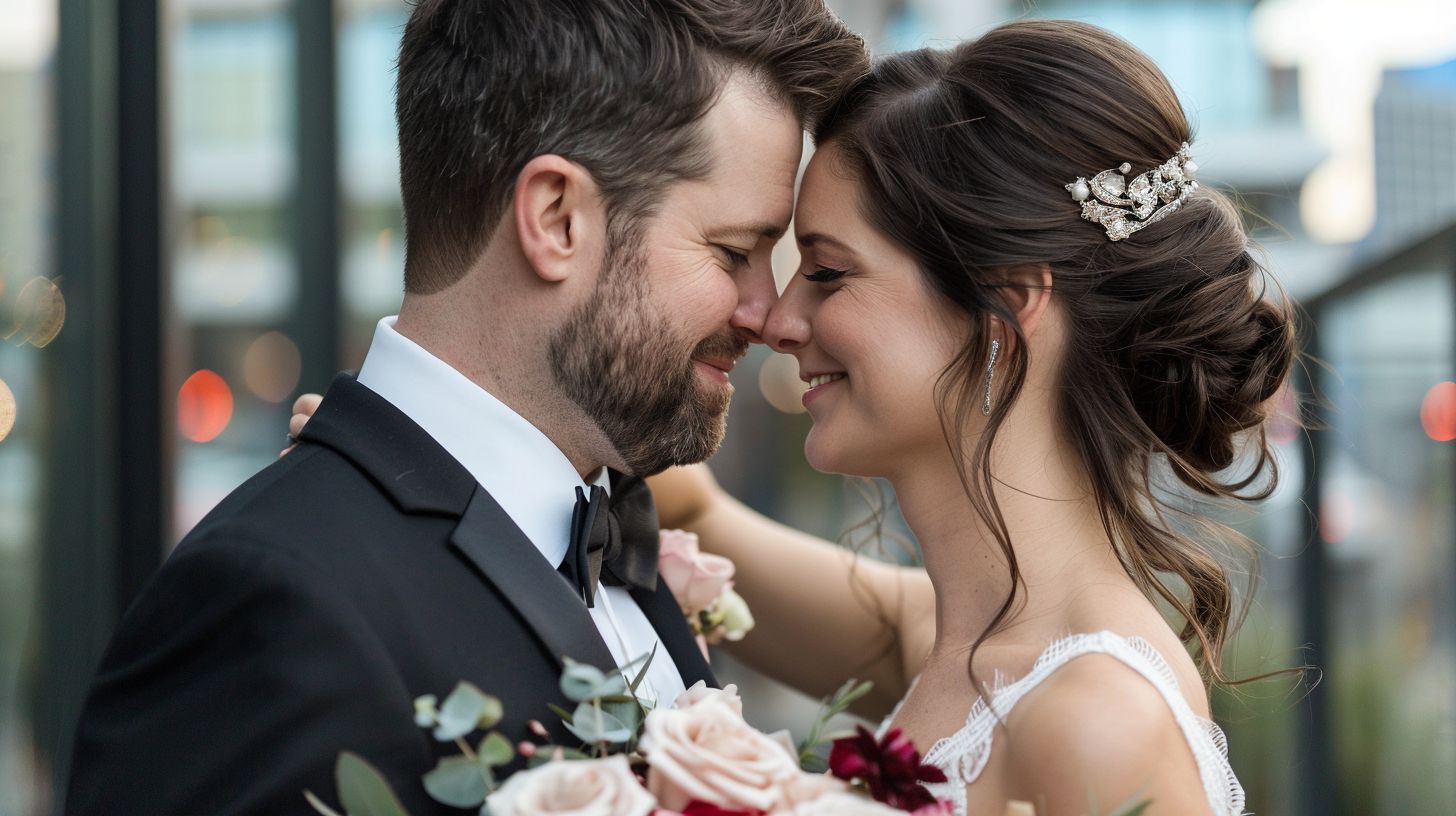 A stylish bride and groom share a candid moment in an urban city setting. A stylish bride and groom share a candid moment in an urban city setting.