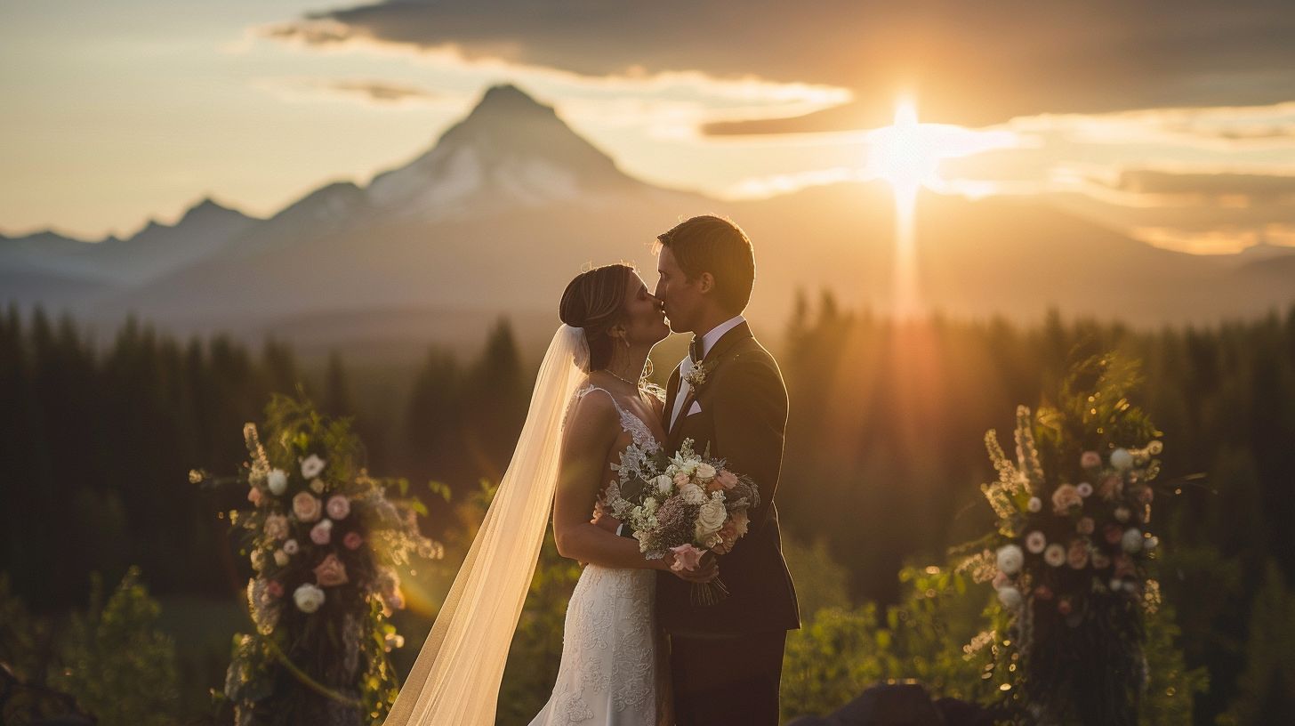 A newlywed couple shares a romantic kiss at sunset with a mountain backdrop. A newlywed couple shares a romantic kiss at sunset with a mountain backdrop.