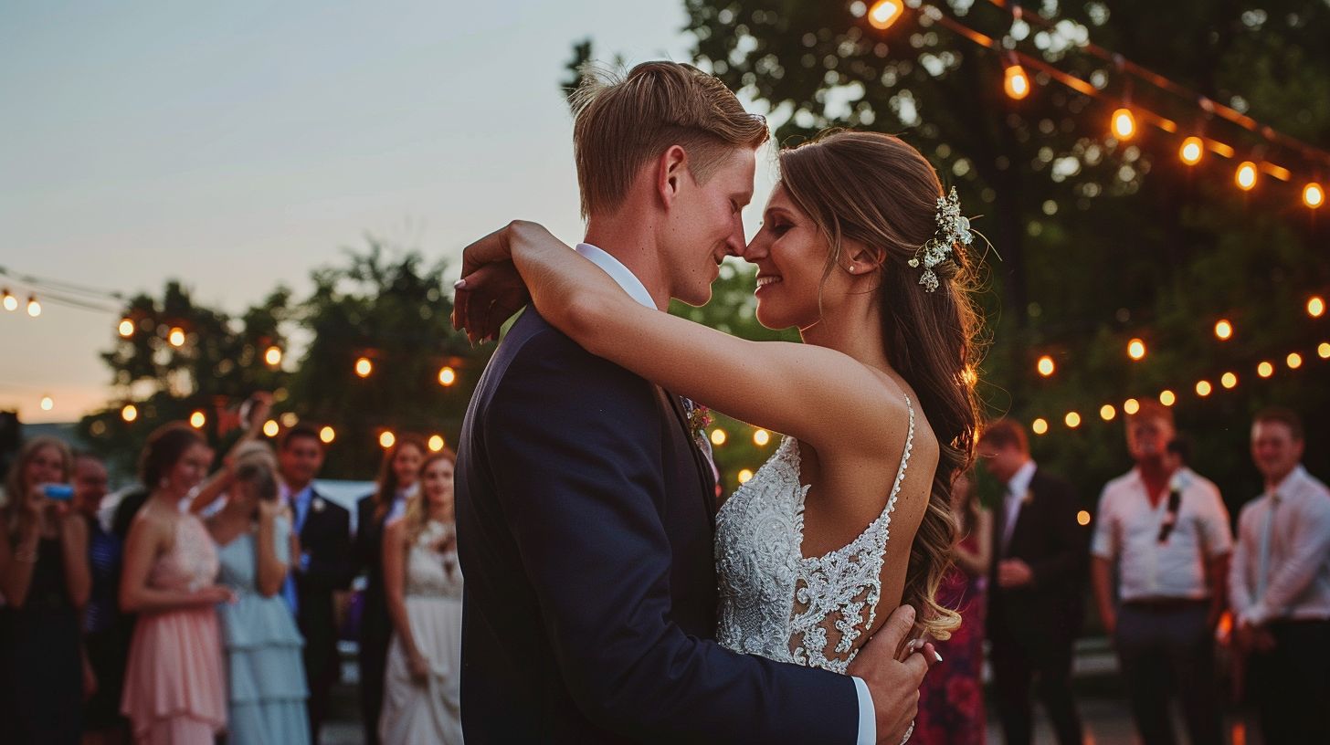 A newlywed couple embraces on an outdoor dance floor surrounded by wedding guests. A newlywed couple embraces on an outdoor dance floor surrounded by wedding guests.
