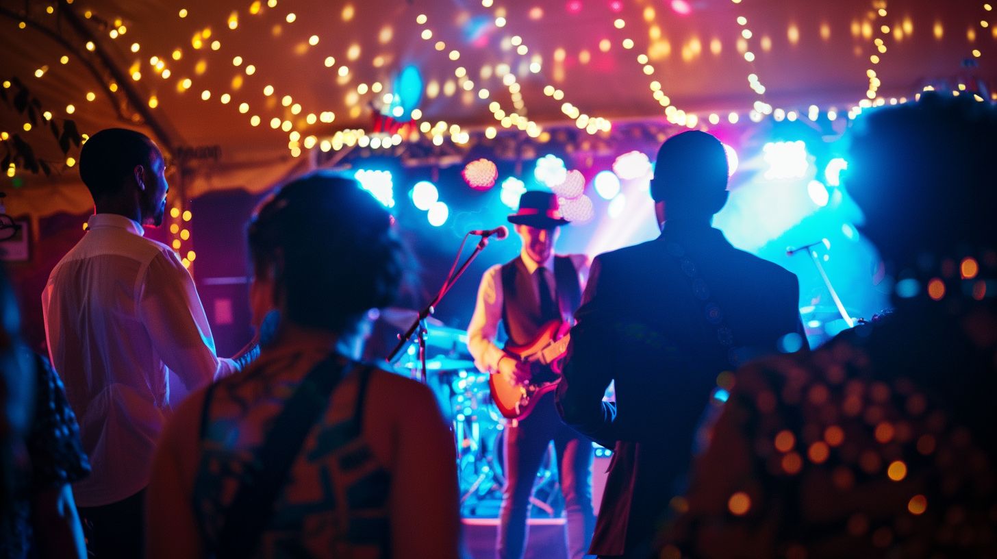 A wedding band performs on a beautifully decorated stage at a venue. A wedding band performs on a beautifully decorated stage at a venue.