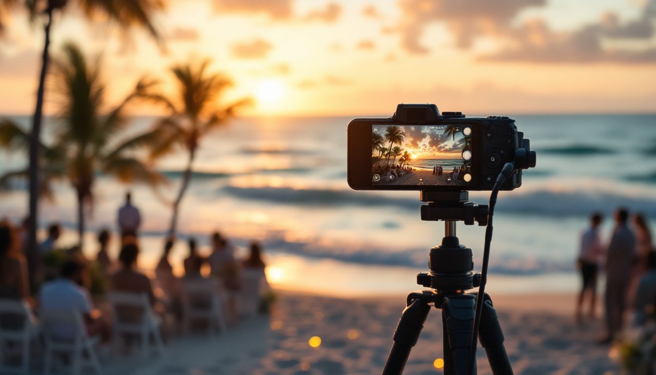A wedding ceremony by the ocean in Miami at sunset with attendees enjoying the special moment. A wedding ceremony by the ocean in Miami at sunset with attendees enjoying the special moment.