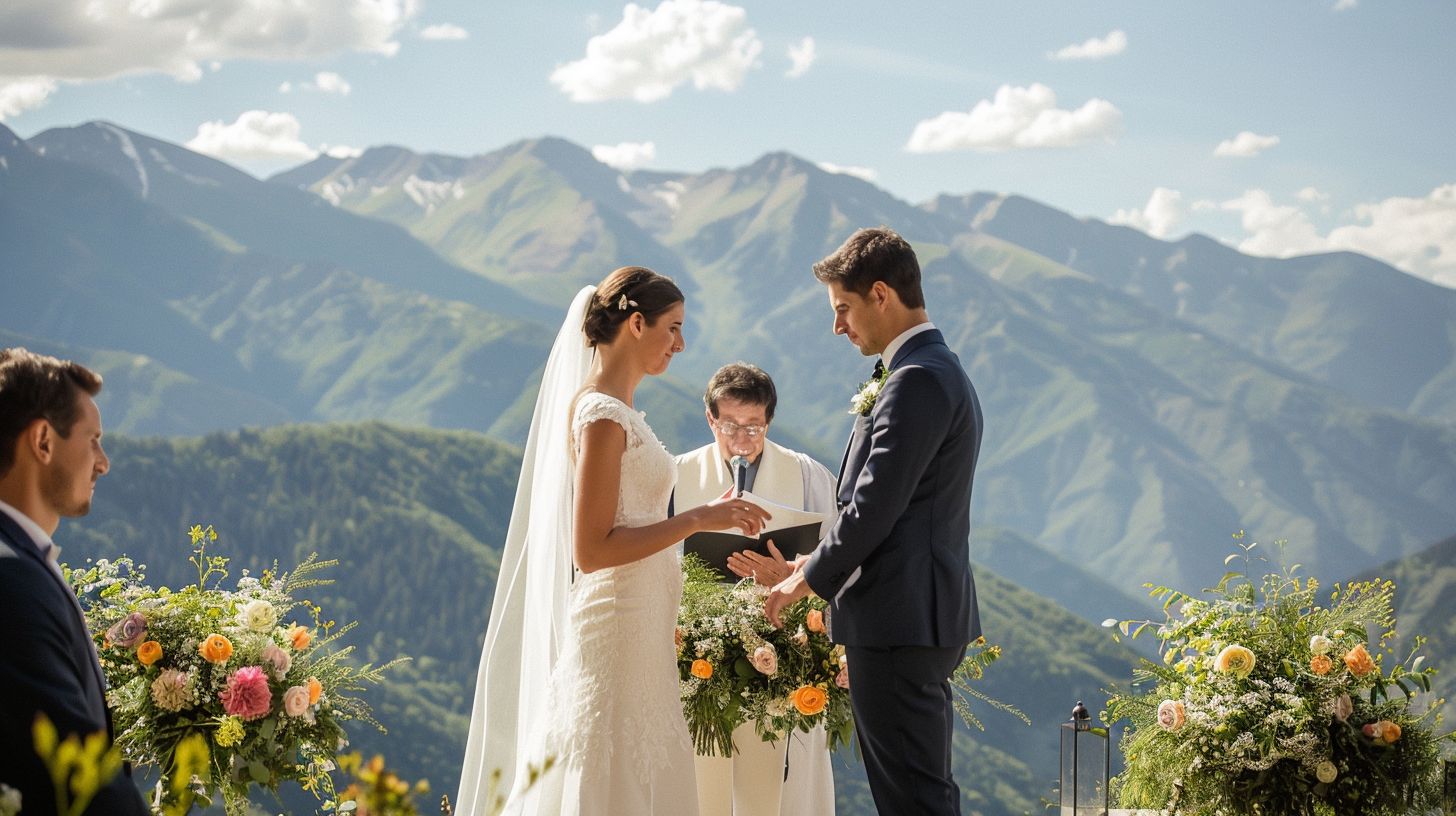 A bride and groom exchange vows with stunning mountain views in the background. A bride and groom exchange vows with stunning mountain views in the background.