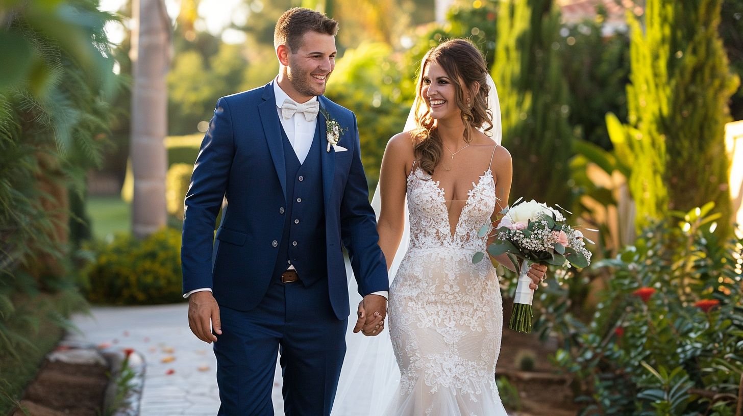 A newlywed couple strolls hand in hand through a picturesque garden on their wedding day. A newlywed couple strolls hand in hand through a picturesque garden on their wedding day.