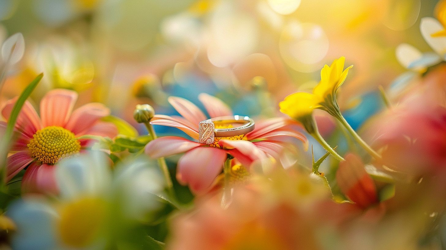 A wedding ring surrounded by colorful flowers in a macro nature photograph. A wedding ring surrounded by colorful flowers in a macro nature photograph.