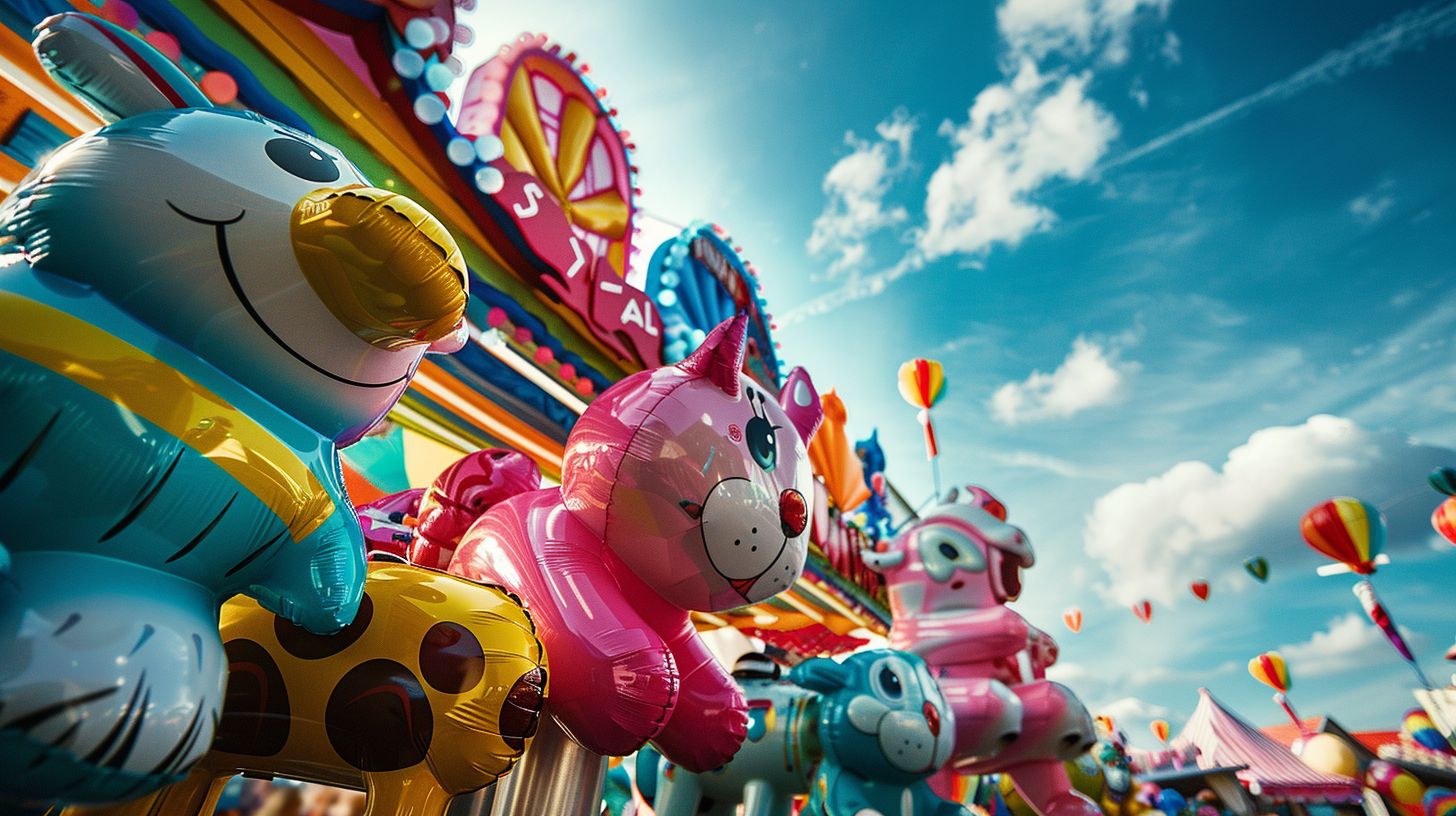 Colorful balloon animals in a whimsical carnival setting, captured with a wide-angle lens. Colorful balloon animals in a whimsical carnival setting, captured with a wide-angle lens.