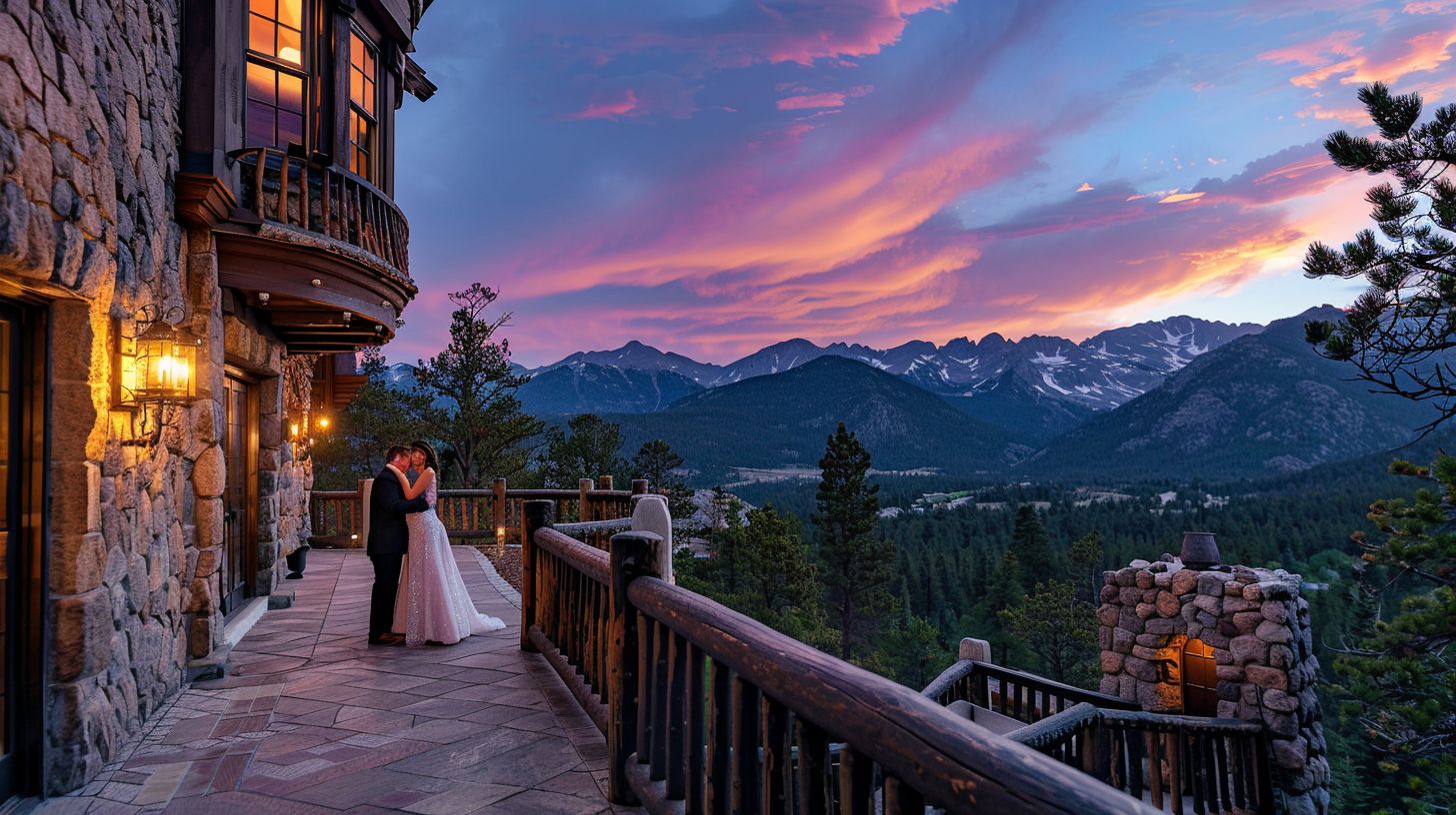 A couple stands on a balcony at Della Terra Mountain Chateau with Rocky Mountain National Park in the background. A couple stands on a balcony at Della Terra Mountain Chateau with Rocky Mountain National Park in the background.