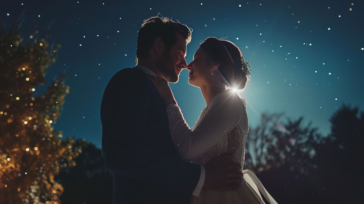 A wedding videographer captures a newlywed couple sharing a romantic dance under the starry night sky. A wedding videographer captures a newlywed couple sharing a romantic dance under the starry night sky.