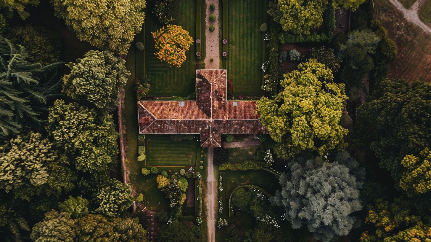 Aerial photograph of a wedding venue captured with a DJI Mavic Air 2 drone. Aerial photograph of a wedding venue captured with a DJI Mavic Air 2 drone.