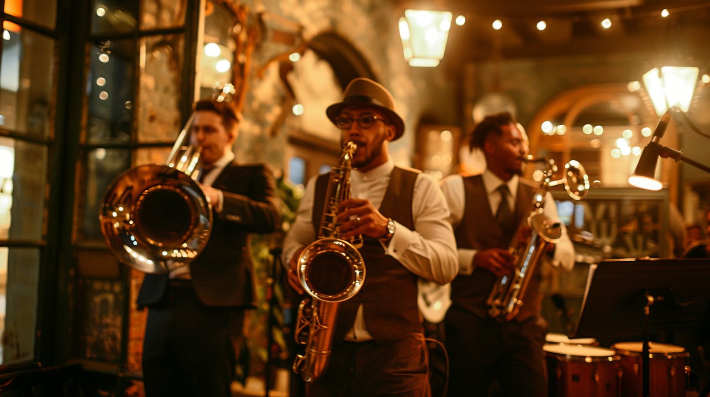 A classic wedding band's musical instruments are captured in soft lighting. A classic wedding band's musical instruments are captured in soft lighting.