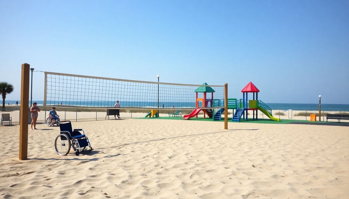 A sandy volleyball court at Lowdermilk Park with accessible beach features. A sandy volleyball court at Lowdermilk Park with accessible beach features.