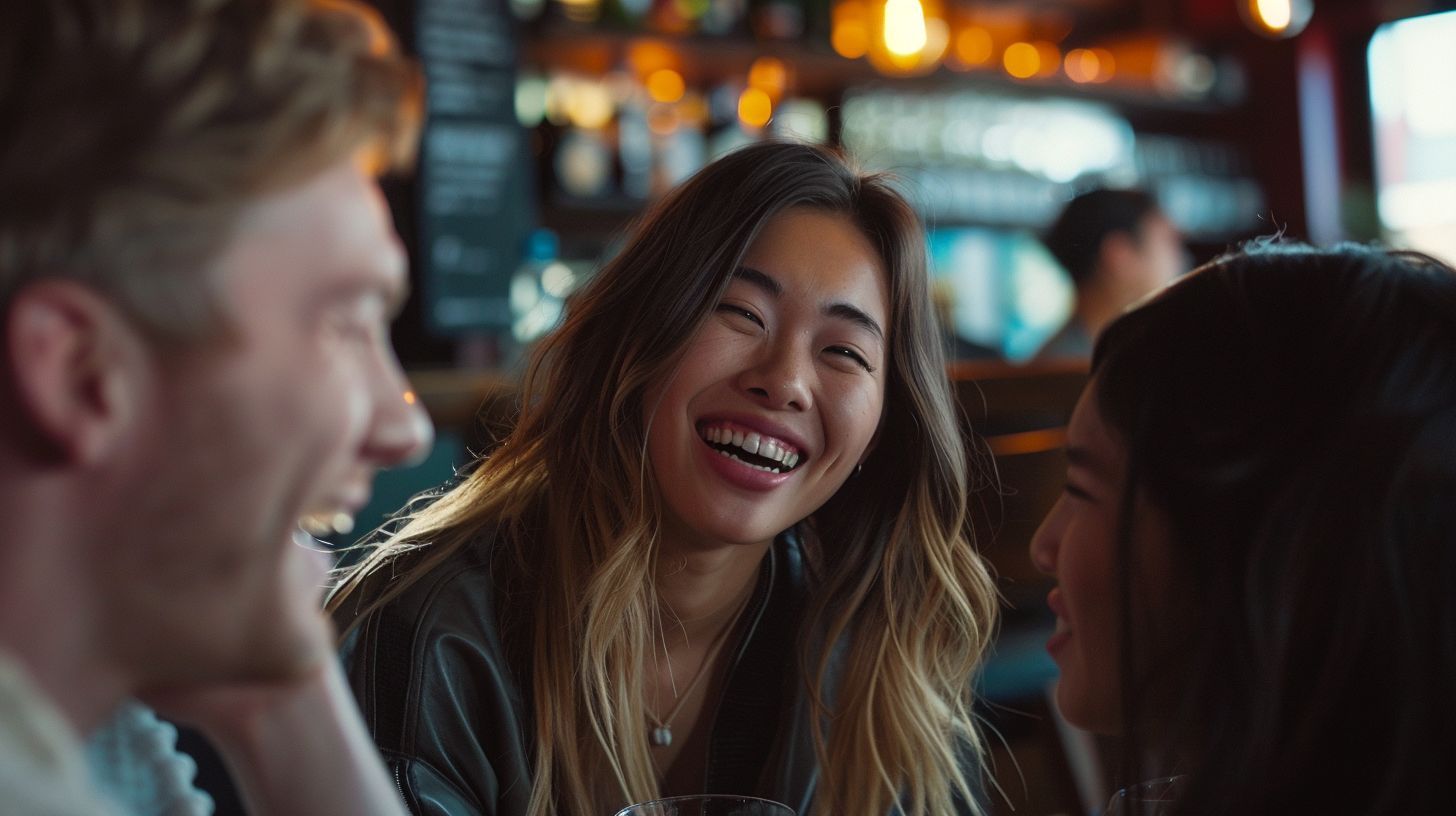 A group of friends sharing laughter in a cozy cafe. A group of friends sharing laughter in a cozy cafe.