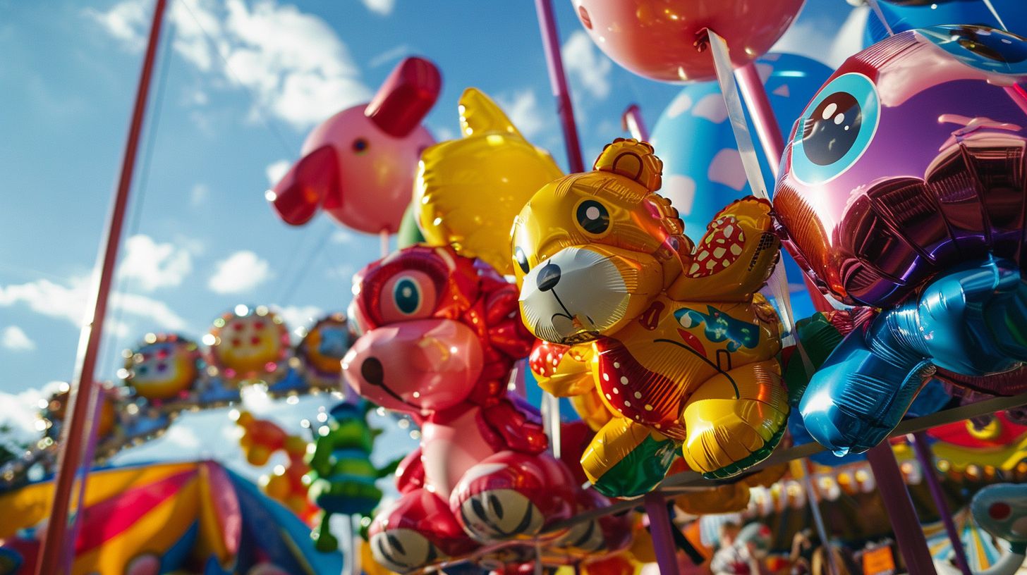 Colorful balloon animals in a whimsical carnival setting, captured with a wide-angle lens. Colorful balloon animals in a whimsical carnival setting, captured with a wide-angle lens.