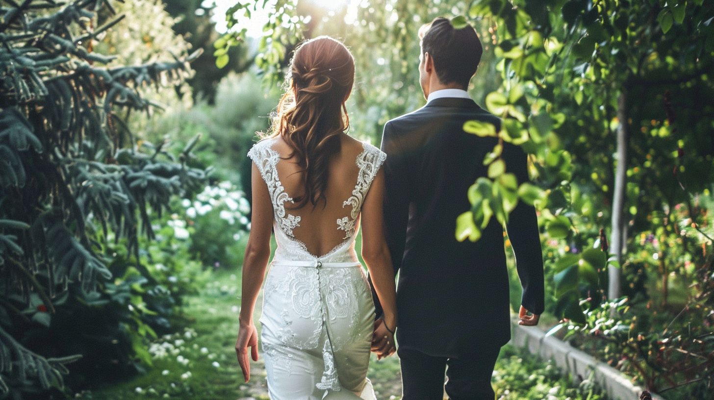 A stylish bride and groom walking hand in hand through a romantic garden for a wedding photoshoot. A stylish bride and groom walking hand in hand through a romantic garden for a wedding photoshoot.