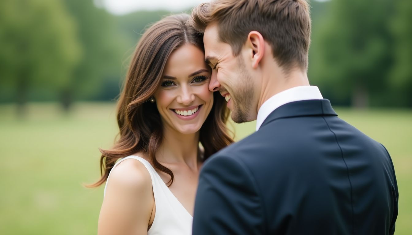 A happy bride and groom embrace in a natural outdoor setting on their wedding day. A happy bride and groom embrace in a natural outdoor setting on their wedding day.