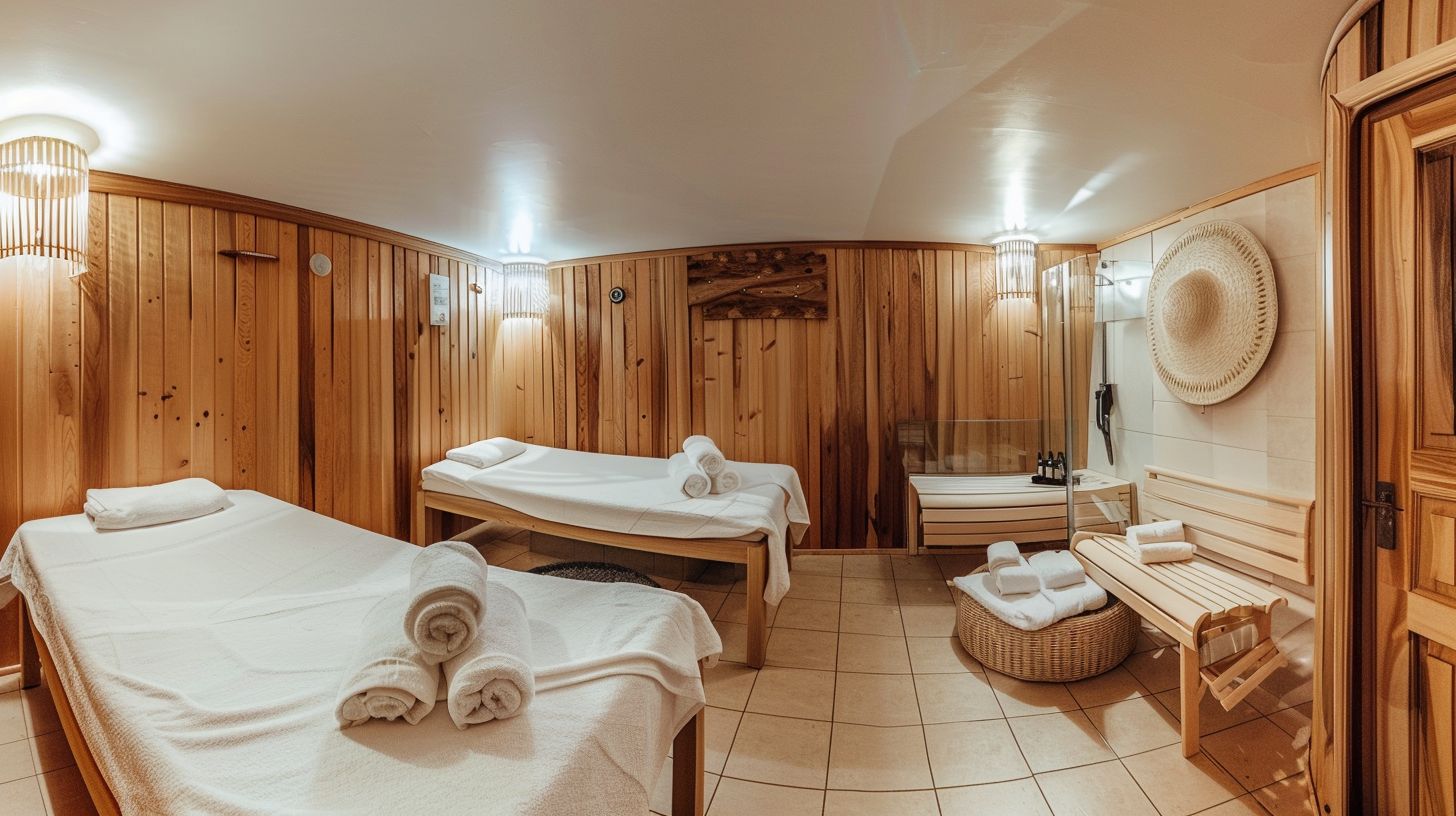 A tranquil spa room with a sauna and various spa treatments. A tranquil spa room with a sauna and various spa treatments.