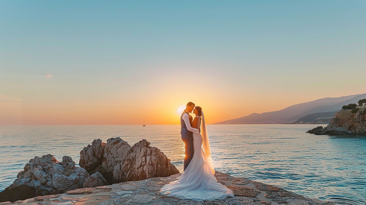 A couple embracing at a seaside destination wedding. A couple embracing at a seaside destination wedding.