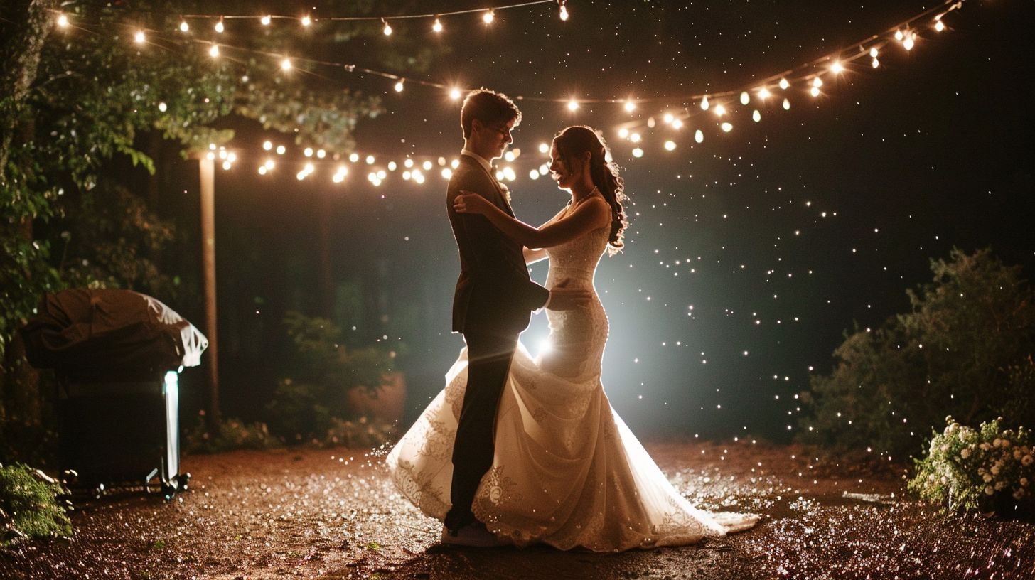 A bride and groom twirl under a starry night sky in a romantic wedding photograph. A bride and groom twirl under a starry night sky in a romantic wedding photograph.