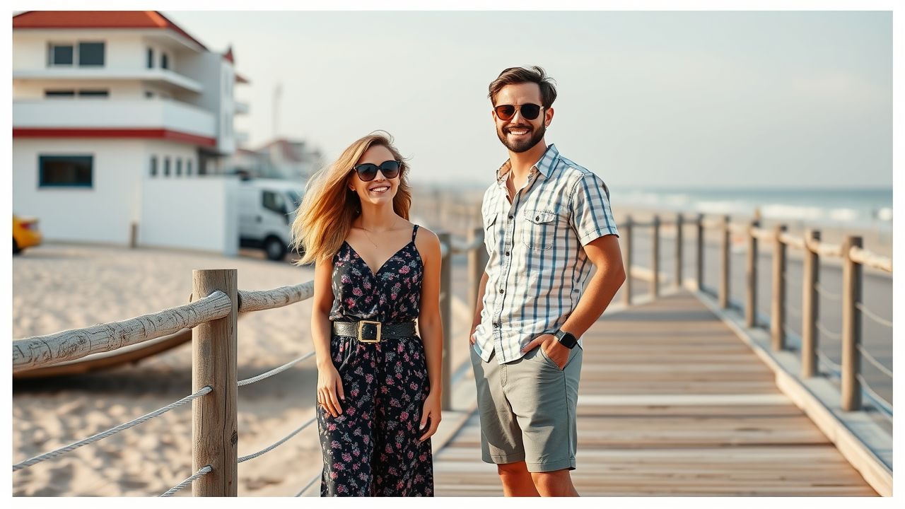 A couple in their 30s poses in coordinated casual beach outfits at a boardwalk. A couple in their 30s poses in coordinated casual beach outfits at a boardwalk.