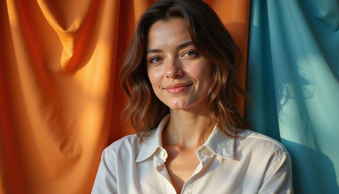 A confident woman in her mid-30s poses gracefully against a vibrant, textured fabric background, showcasing her natural beauty.