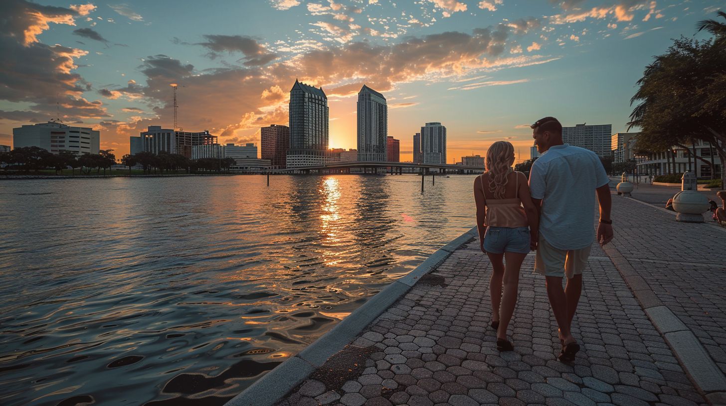 A couple walks along Tampa Riverwalk at sunset with city skyline in background, capturing the scene with DSLR. A couple walks along Tampa Riverwalk at sunset with city skyline in background, capturing the scene with DSLR.