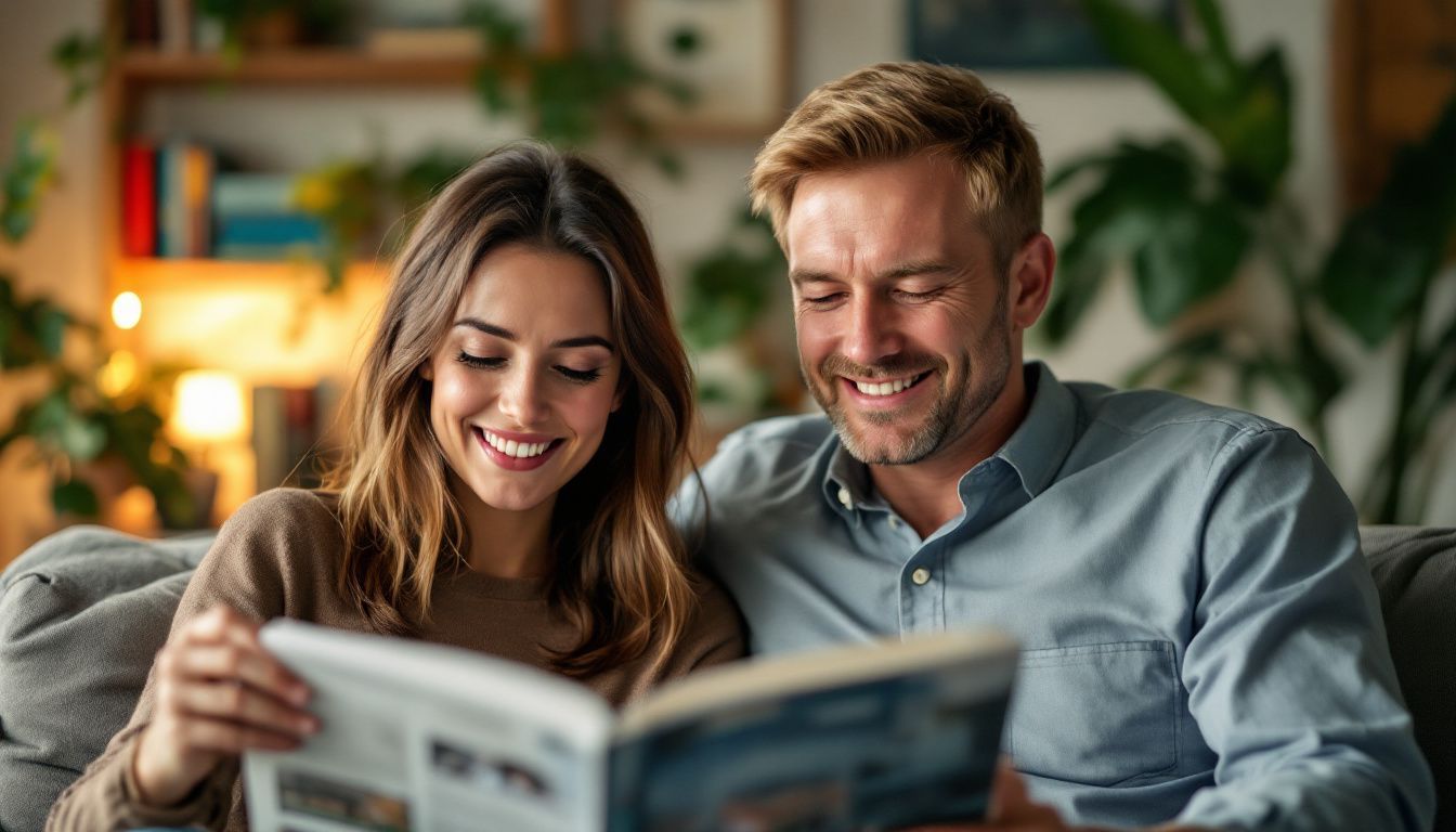 A couple in their mid-30s seated in a cozy living room, reviewing wedding videographer portfolios together. A couple in their mid-30s seated in a cozy living room, reviewing wedding videographer portfolios together.