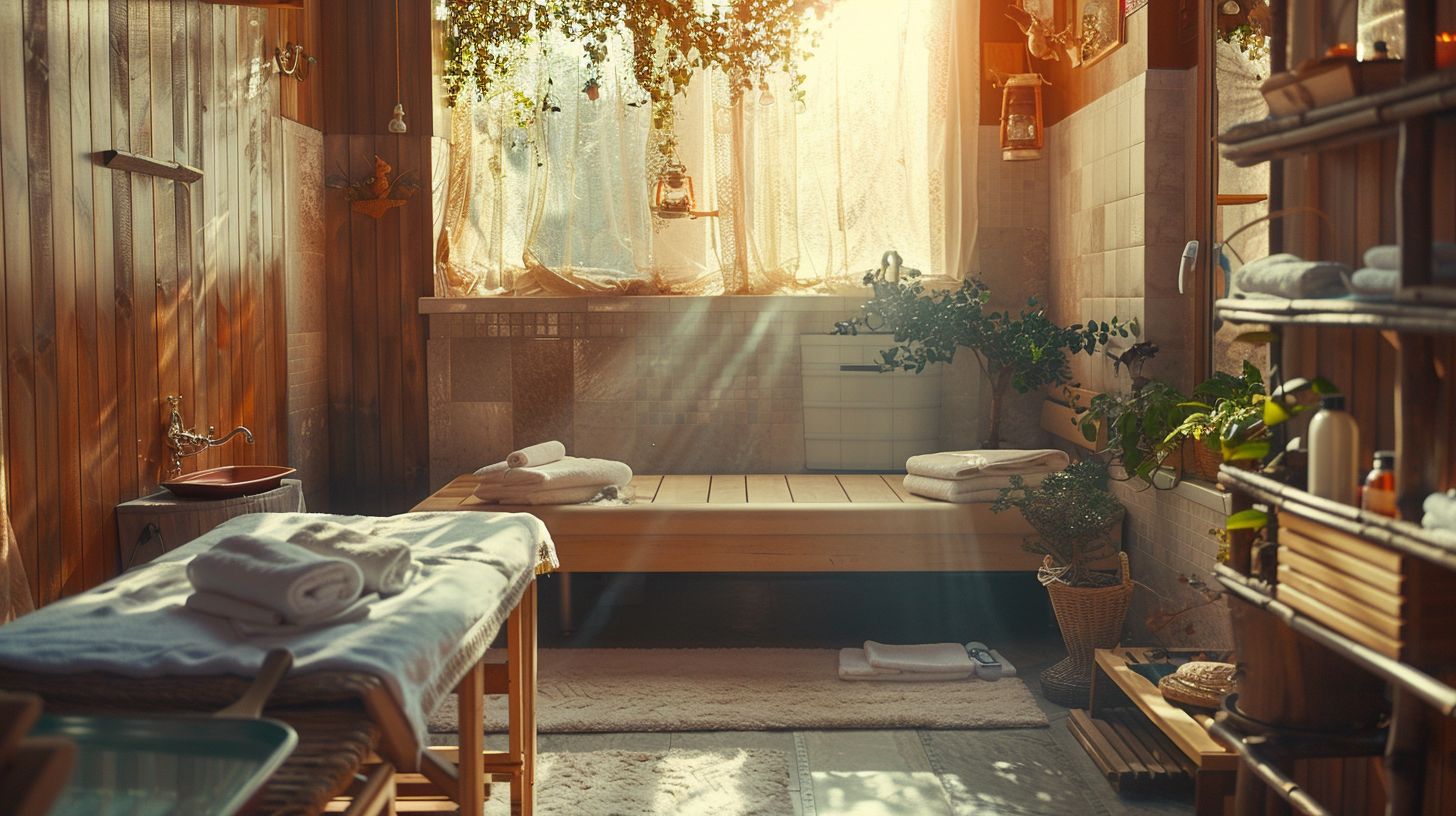 A tranquil spa room with a sauna and various spa treatments. A tranquil spa room with a sauna and various spa treatments.