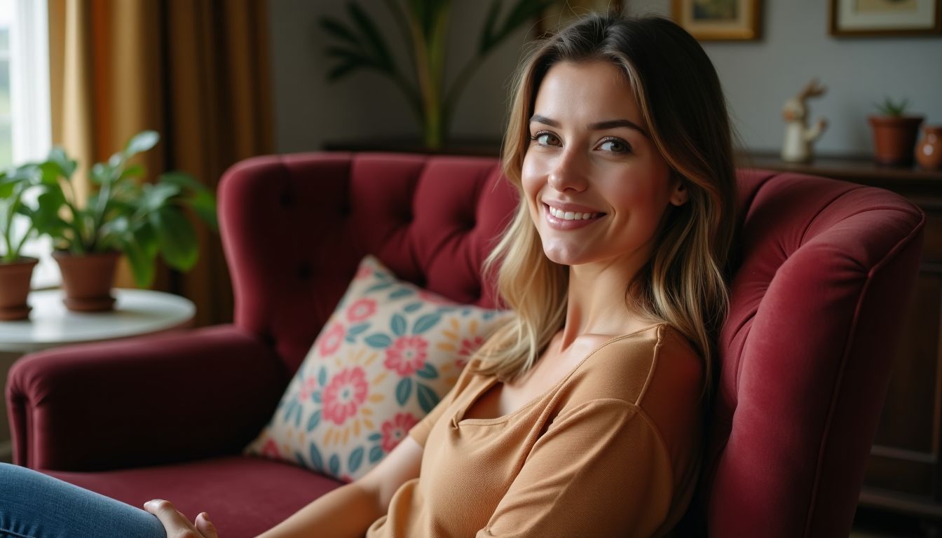 A casually dressed woman in her 30s sits in a cozy, tastefully decorated room. A casually dressed woman in her 30s sits in a cozy, tastefully decorated room.