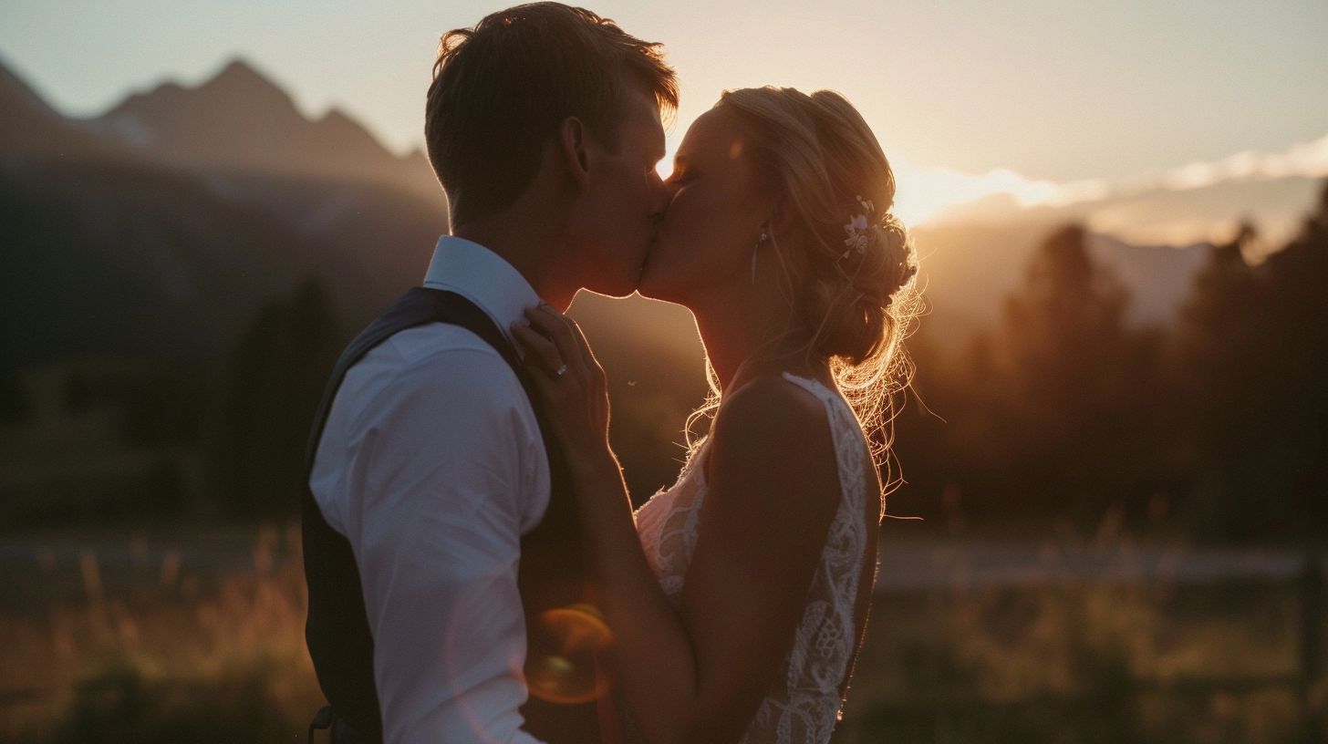 A newlywed couple shares a romantic kiss at sunset with a mountain backdrop. A newlywed couple shares a romantic kiss at sunset with a mountain backdrop.