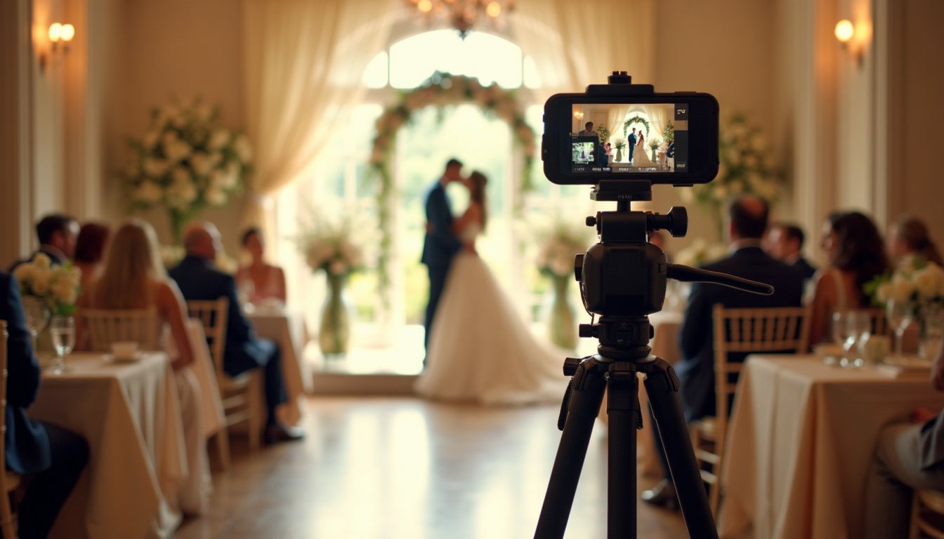A wedding reception venue with elegant decor and a professional video camera capturing the ceremony. A wedding reception venue with elegant decor and a professional video camera capturing the ceremony.