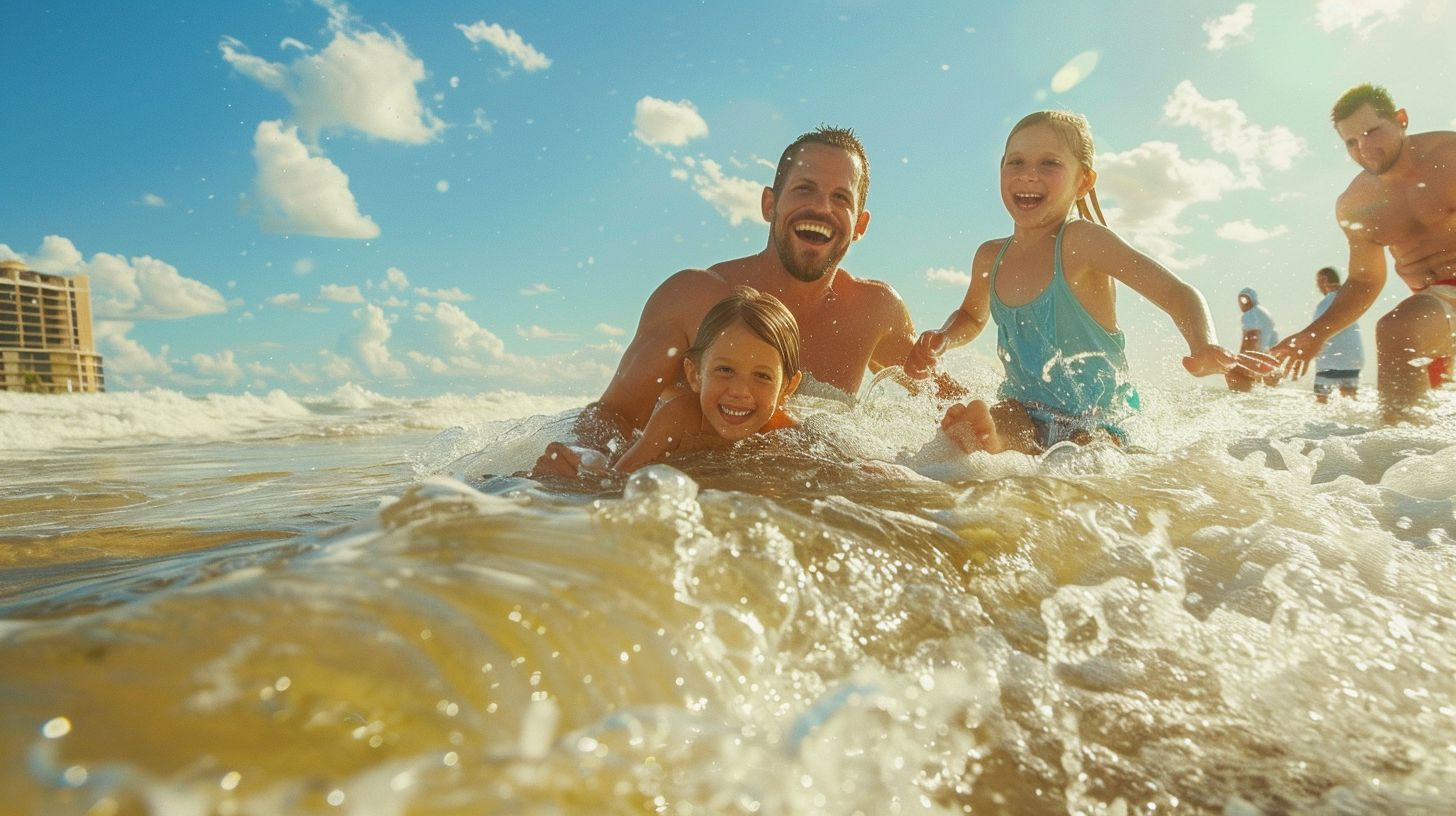 A joyful family enjoys playing in the waves at Clearwater Beach. A joyful family enjoys playing in the waves at Clearwater Beach.