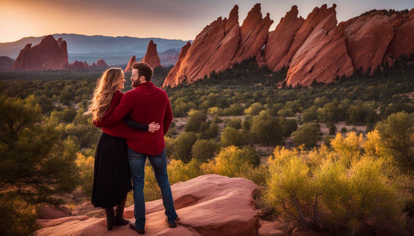 A couple embracing with the Garden of the Gods rock formations in the background. A couple embracing with the Garden of the Gods rock formations in the background.