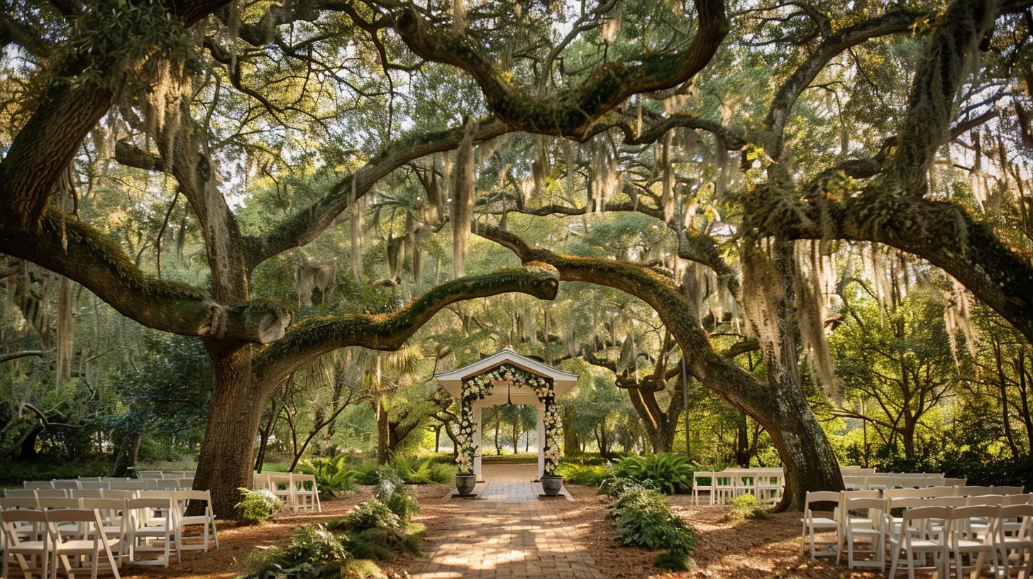 An outdoor wedding venue surrounded by lush oak trees, captured with a wide-angle lens. An outdoor wedding venue surrounded by lush oak trees, captured with a wide-angle lens.