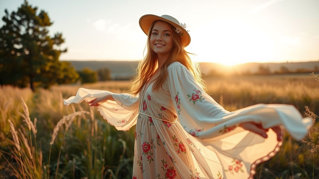 A bohemian-style photoshoot in a natural outdoor setting with a young woman in flowy clothing. A bohemian-style photoshoot in a natural outdoor setting with a young woman in flowy clothing.